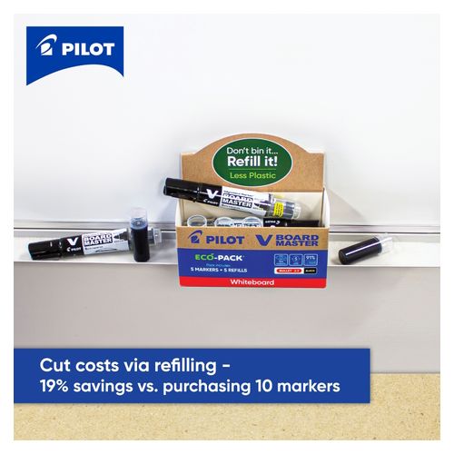 Pilot BegreeN V Board Master Whiteboard Marker Eco Pack Black Bullet - 5 Markers + 5 Refills