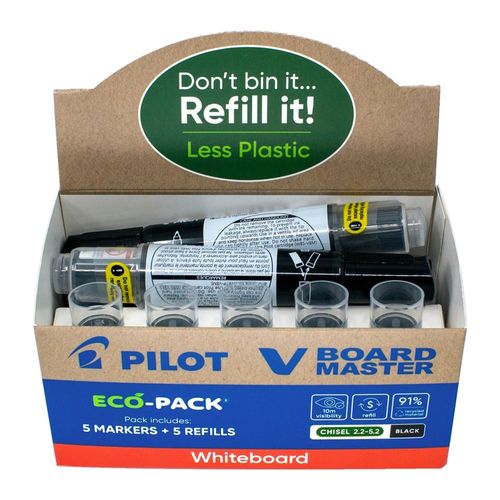 Pilot BegreeN V Board Master Whiteboard Marker Eco Pack Black Chisel - 5 Markers + 5 Refills