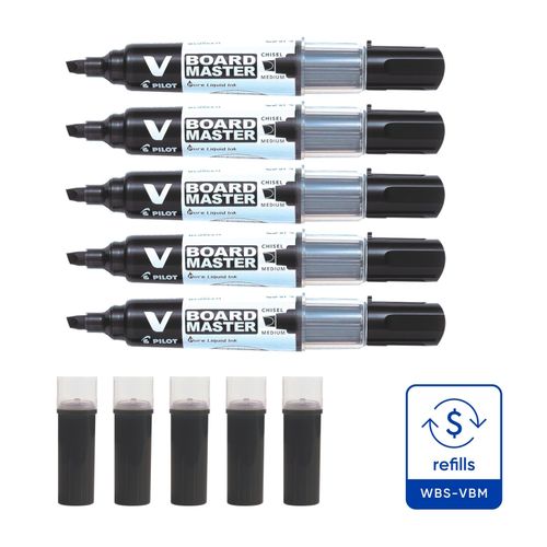 Pilot BegreeN V Board Master Whiteboard Marker Eco Pack Black Chisel - 5 Markers + 5 Refills