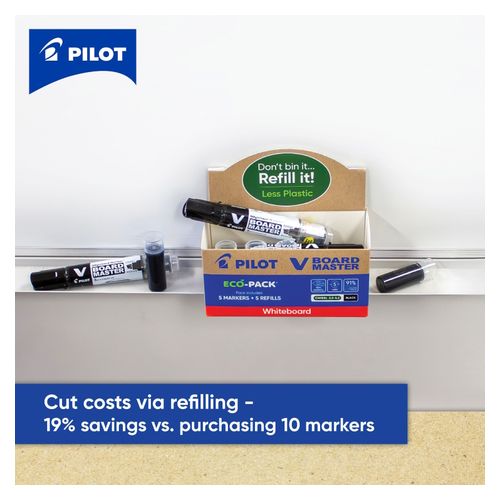 Pilot BegreeN V Board Master Whiteboard Marker Eco Pack Black Chisel - 5 Markers + 5 Refills