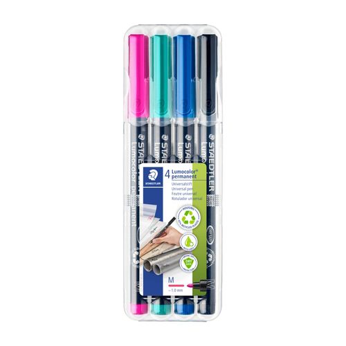 Staedtler Lumocolor Permanent Medium Marker 317 Bright Assorted Wallet of 4