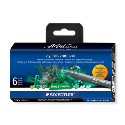 Staedtler Pigment Arts Brush Pen 371 Greens & Turquoises 6 Pieces
