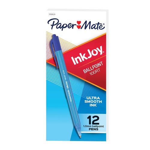Paper Mate Inkjoy 100 Retractable Ballpoint Pen Medium Blue Box 12