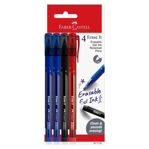 Faber-Castell Erase It Gel Pen Erasable 0.7mm Black/Blue(2)/Red Pack 4