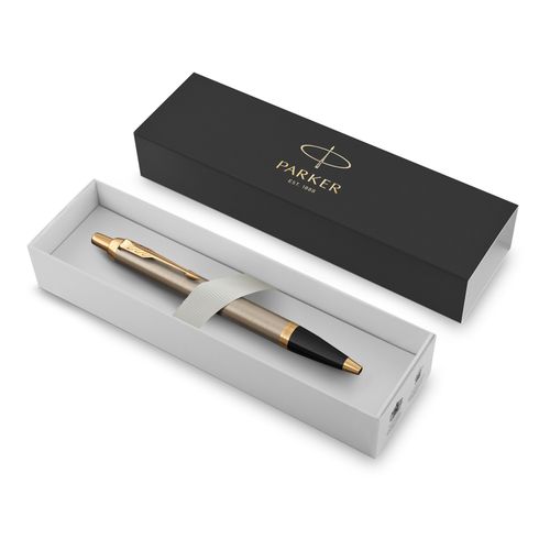 Parker Ballpoint Pen IM Brushed Metal Barrel Gold Trim Blue Ink with gift box