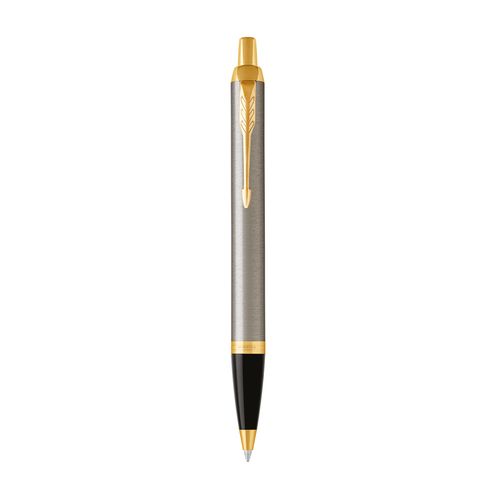 Parker Ballpoint Pen IM Brushed Metal Barrel Gold Trim Blue Ink