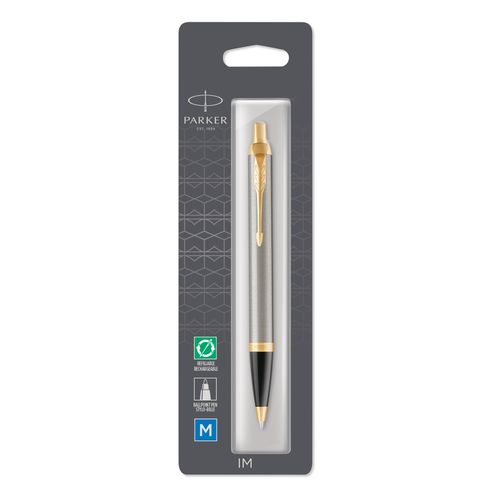 Parker Ballpoint Pen IM Brushed Metal Barrel Gold Trim Blue Ink
