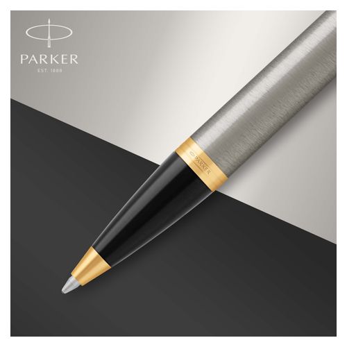 Parker Ballpoint Pen IM Brushed Metal Barrel Gold Trim Blue Ink