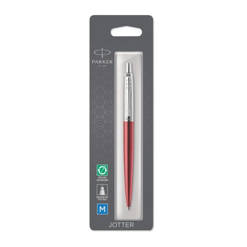 Parker Ballpoint Pen Jotter Kensington Red Barrel Chrome Trim Blue Ink