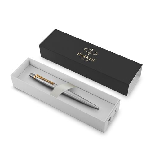 Parker Ballpoint Pen Jotter Stainless Steel Barrel Gold Trim Blue Ink with gift box