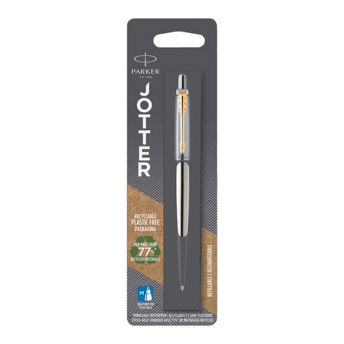 Parker Ballpoint Pen Jotter Stainless Steel Barrel Gold Trim Blue Ink