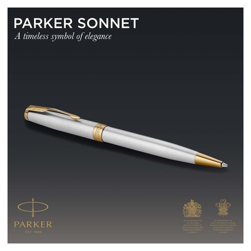 Parker Ballpoint Pen Sonnet Stainless Steel Barrel Gold Trim Black Ink
