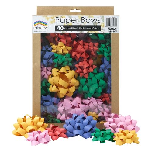 Rainbow Paper Bows Assorted Sizes & Colours Pack 40