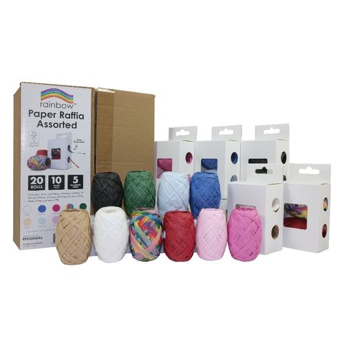 Rainbow Paper Raffia 10m Roll Assorted Colours Pack 20